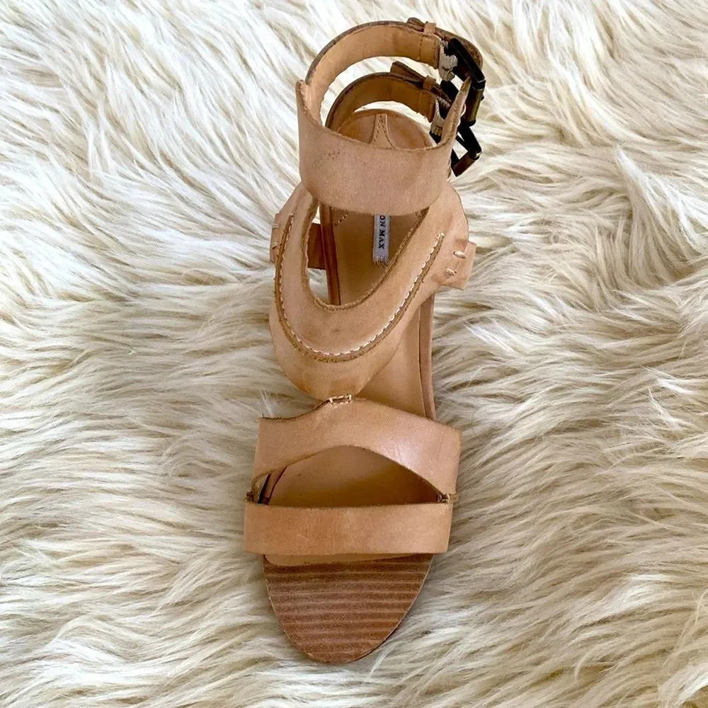 Leon Max Tan Wedge Sandals Chunky Heel Ankle Straps 8.5 New Boho Beach Vacation